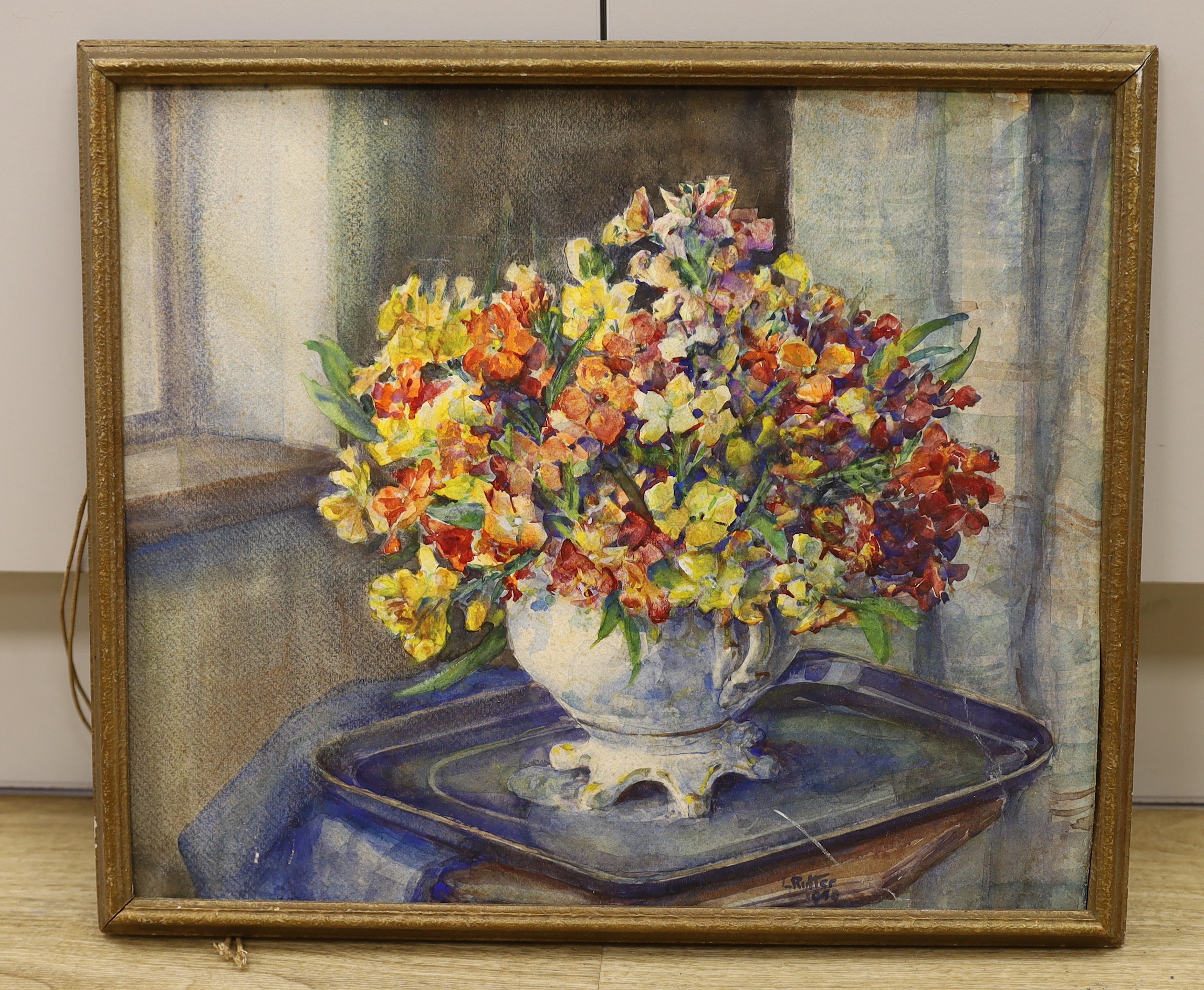 L. Ritter, watercolour, Still life of spring flowers in a vase, signed and dated 1940, 39 x 46cm